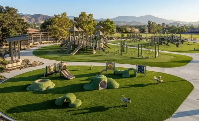 Professionally engineered commercial playground featuring separate toddler, elementary, and older children play zones with premium artificial playground turf and age-appropriate safety surfacing
