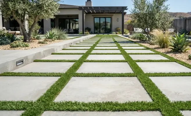 Artificial turf installed between modern concrete pavers in a professionally designed Inland Empire landscape