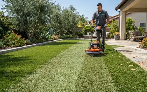 Professional artificial turf maintenance restoring fibers and cleaning an aging synthetic grass lawn in the Inland Empire