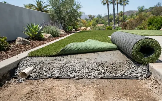 Artificial turf foundation preparation showing drainage and compacted base installation in the Inland Empire