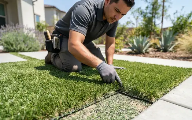 Professional artificial turf inspection checking seams drainage and turf condition