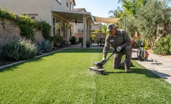 Professional artificial turf maintenance service on a residential lawn in the Inland Empire