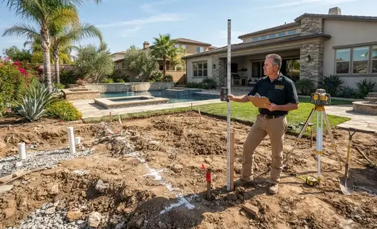 Professional artificial turf contractor evaluating soil conditions and grading before installing an engineered drainage and sub-base system in the Inland Empire