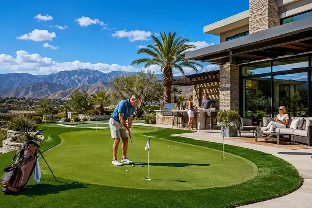 Luxury backyard putting green with realistic contours and synthetic turf