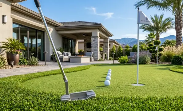 Luxury backyard synthetic putting green prepared for a perfect practice session with multiple golf balls and a premium putter