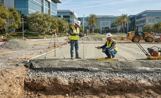 Engineered commercial artificial turf base preparation showing drainage layers and compacted aggregate foundation