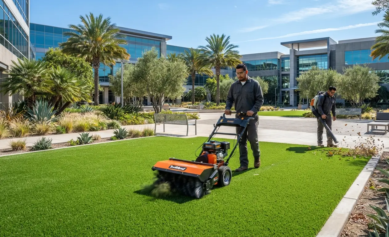 Professional maintenance of commercial artificial turf at an office campus in the Inland Empire