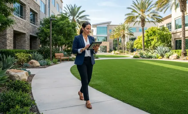 Commercial property manager inspecting a professionally installed artificial turf landscape
