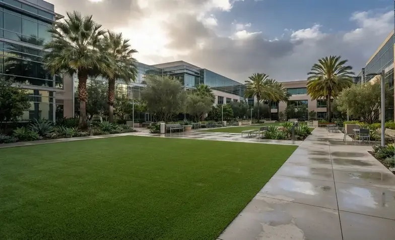 Commercial artificial turf courtyard with engineered drainage remaining dry after heavy rainfall in the Inland Empire