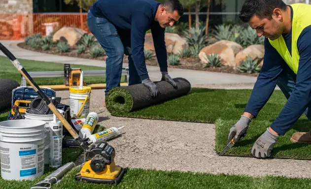 Commercial artificial turf installation at an active office campus with safe pedestrian access and phased construction