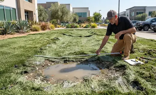 Commercial artificial turf installation showing drainage problems and surface failure caused by improper base preparation in the Inland Empire
