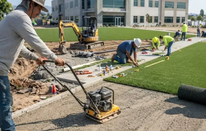 Commercial artificial turf installation process showing excavation, base preparation, and turf installation stages