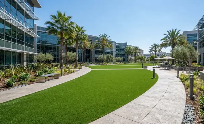 Artificial turf installed across multiple commercial property types including office buildings, HOAs, schools, retail centers, and public parks