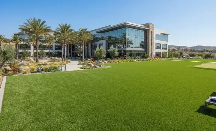 Commercial artificial turf installed at office buildings, apartment communities, schools, retail centers, and HOA common areas