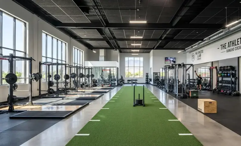 Commercial gym featuring professionally planned turf lanes, functional training zones, and optimized equipment layout