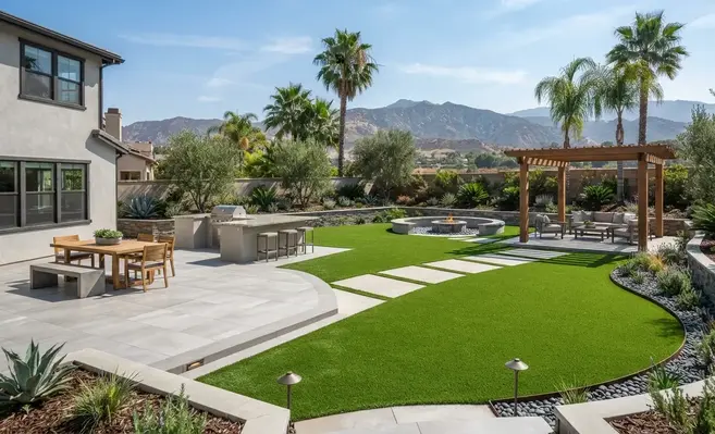 Professionally designed backyard featuring artificial turf integrated with patios, walkways, retaining walls, and outdoor living areas