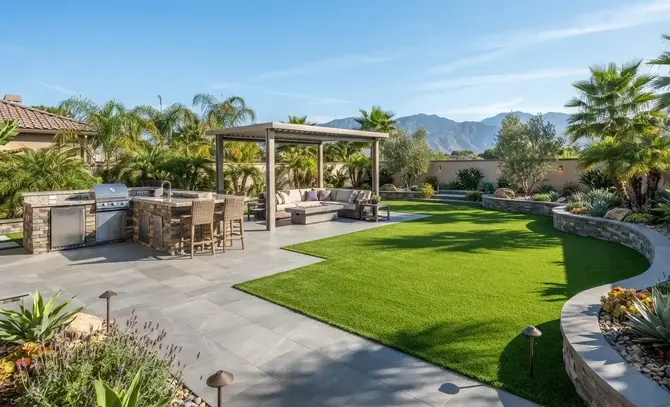 Complete outdoor living space with artificial turf, outdoor kitchen, fire pit, retaining walls, and custom hardscape