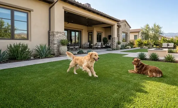Golden retriever running across premium pet friendly artificial turf in an Inland Empire backyard