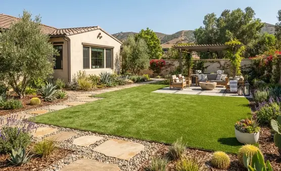 Drought friendly artificial turf landscape replacing natural grass in an Inland Empire California home