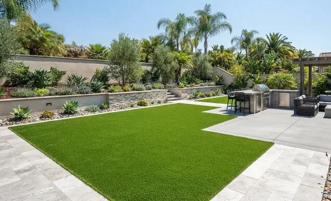 Completed luxury artificial turf installation built on an engineered drainage and foundation system in the Inland Empire