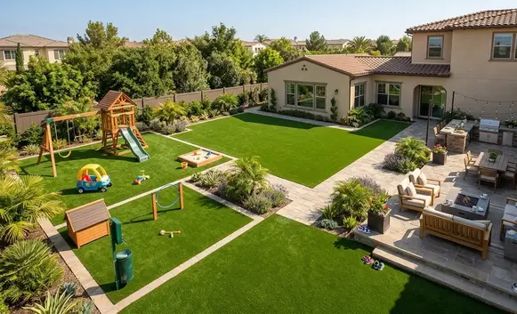 Multiple residential artificial turf applications including front yard backyard and pet turf