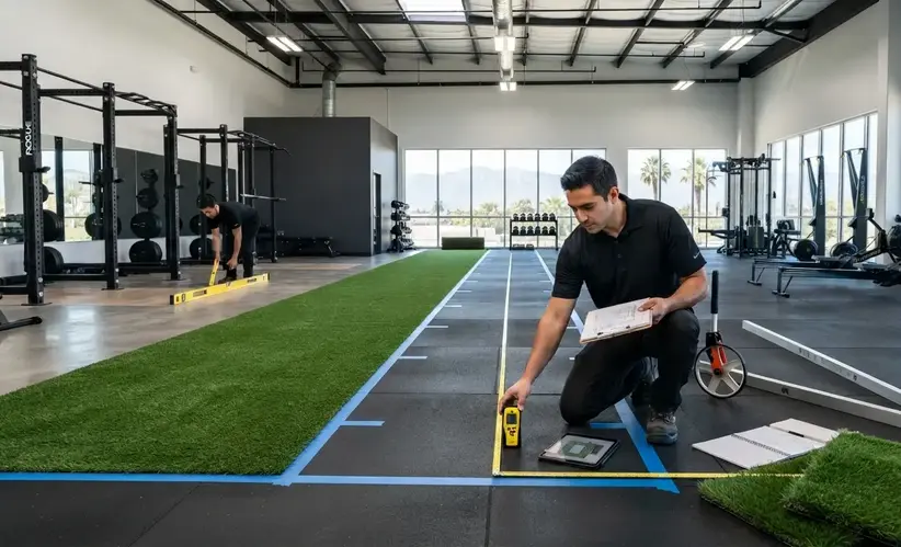 Professional contractor evaluating a commercial fitness facility before gym turf installation