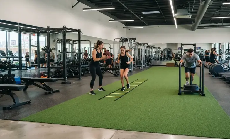 Commercial gym renovation featuring newly integrated artificial turf performance lane inside an existing fitness center