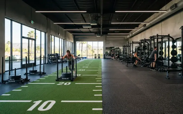 Commercial fitness facility showing professional gym turf performance lane beside rubber flooring strength training area