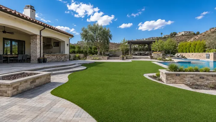 Luxury backyard featuring artificial turf integrated with pavers, pool deck, retaining wall and outdoor living space