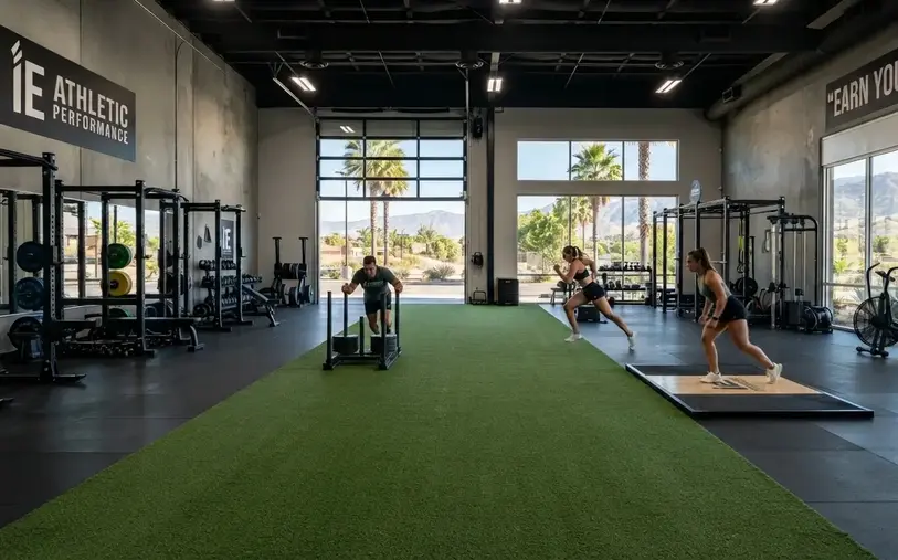 Hybrid commercial gym featuring artificial turf integrated with rubber flooring inside a modern fitness facility