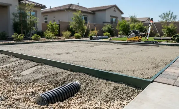 Professional artificial turf installation showing compacted aggregate base and precise edge preparation before turf installation
