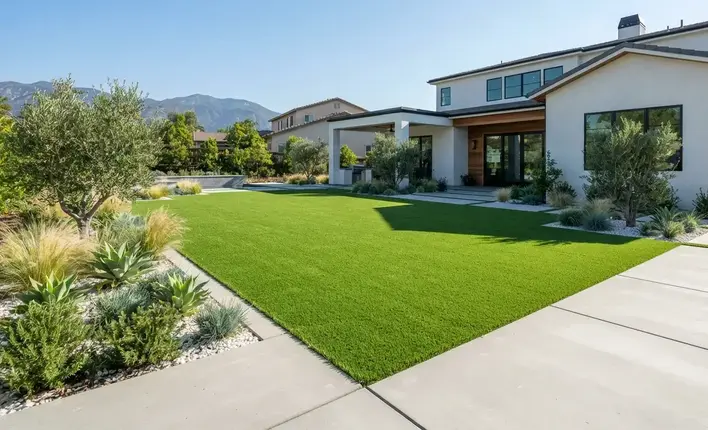 Artificial turf integrated with retaining walls and drainage designed to prevent standing water in an Inland Empire landscape