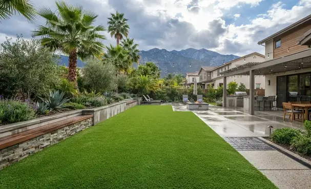 Luxury Inland Empire artificial turf landscape engineered with professional drainage, grading, and sub-base construction