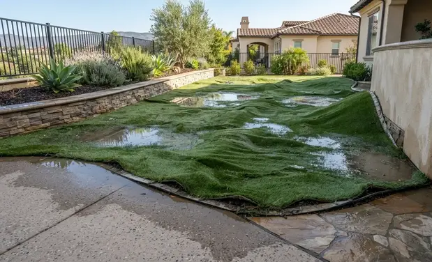 Common artificial turf foundation failures including standing water, wrinkles, sinking areas, and seam separation caused by poor drainage and improper base preparation