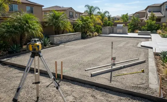 Artificial turf foundation inspection showing laser grading, compacted base verification, and drainage quality control before turf installation