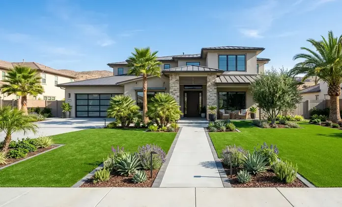 Luxury front yard artificial turf improving curb appeal and home value