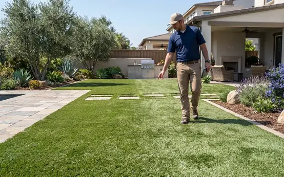 Professional artificial turf maintenance evaluation measuring lawn condition and service needs in the Inland Empire