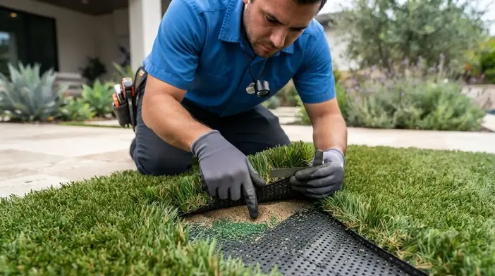 Professional artificial turf inspection checking seams, drainage, infill, and overall system performance