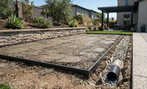 Engineered artificial turf foundation showing compacted aggregate base and drainage layers before synthetic grass installation