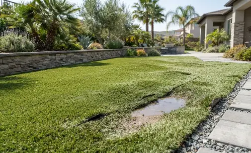 Early warning signs of artificial turf foundation failure including pooling water, wrinkles, low spots, and lifted seams
