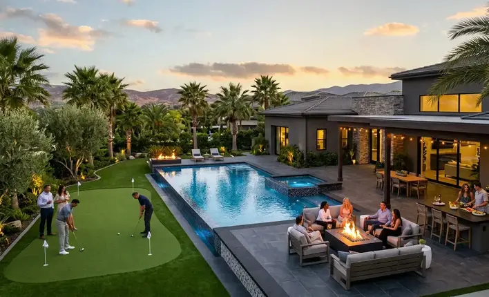 Luxury Inland Empire backyard putting green integrated with pool, patio, and entertainment space