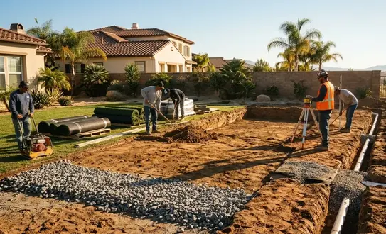 Backyard putting green being constructed with excavation and laser grading equipment