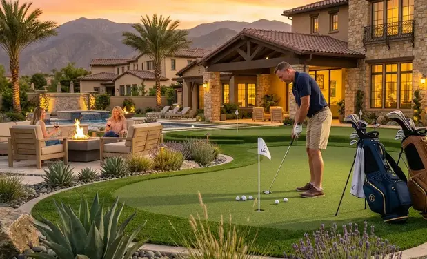 Homeowner enjoying backyard putting green with family in luxury outdoor space