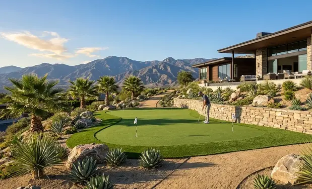 Luxury backyard putting green engineered for Inland Empire heat, drainage, and sloped terrain