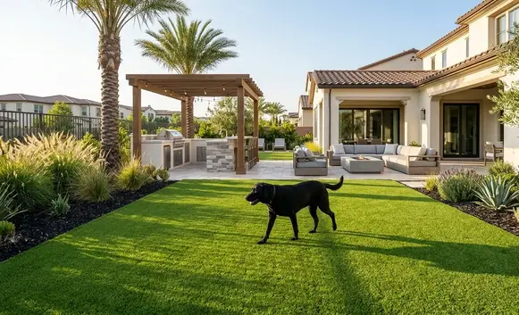 Luxury pet friendly backyard ready for entertaining with premium artificial turf