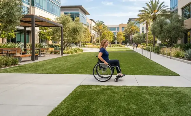Accessible commercial artificial turf with seamless transitions between sidewalks, ramps, and landscaped gathering areas
