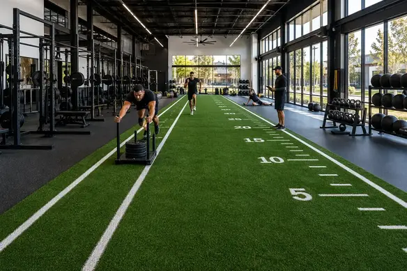 Commercial fitness facility in Southern California featuring professionally installed artificial gym turf training area