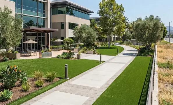 Commercial property with professionally installed artificial turf replacing traditional grass