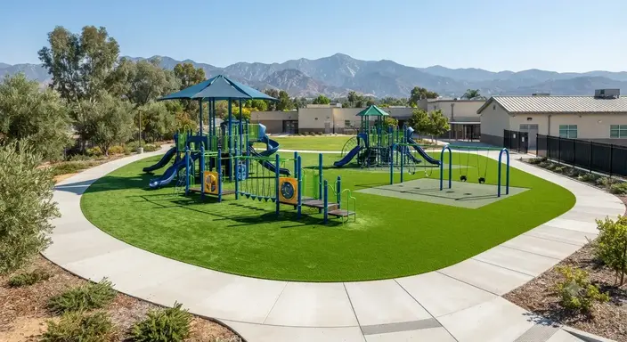 Completed commercial playground turf installation at a Southern California school with engineered safety surfacing