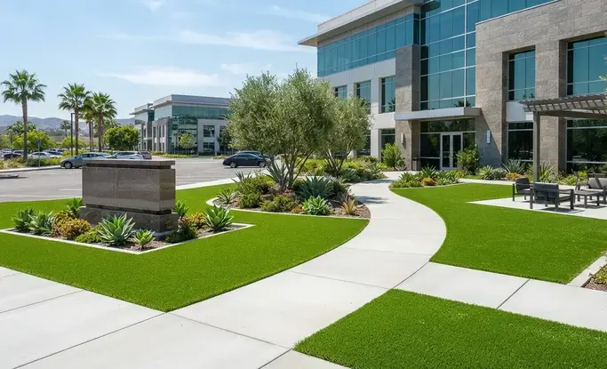 Commercial artificial turf reducing long-term landscaping maintenance costs